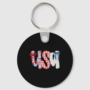 Usa Flag 4th Of July Coquette Bow Floral Patriotic Key Ring