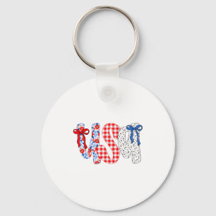 Usa Flag 4th Of July Coquette Bow Floral Patriotic Key Ring