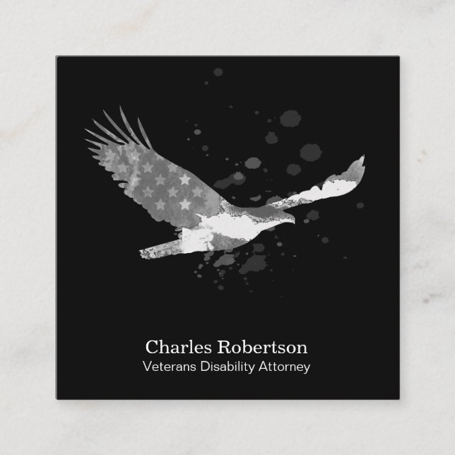 *~* USA Flag American Eagle Gray Grey on Black Square Business Card (Front)