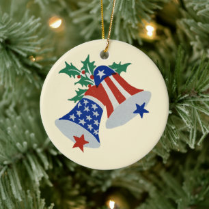 USA Flag American Patriotic Christmas Bells Art Ceramic Ornament