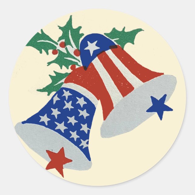 USA Flag American Patriotic Christmas Bells Art Classic Round Sticker (Front)