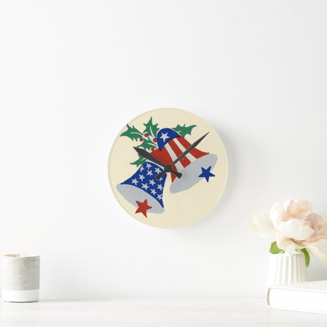 USA Flag American Patriotic Christmas Bells Art Round Clock (Home)