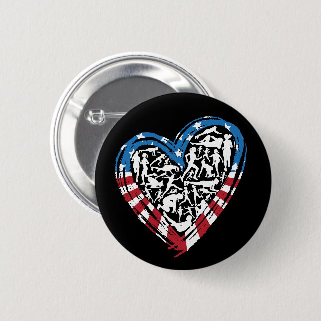 USA Flag American Runner - Running Heart 6 Cm Round Badge (Front & Back)