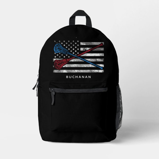 USA Flag and Lacrosse Bats Custom Printed Backpack (Front)