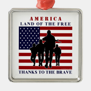 USA Flag and Soldiers Silver Ornament