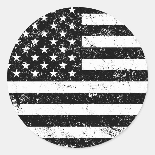 USA Flag, Black and White Classic Round Sticker (Front)
