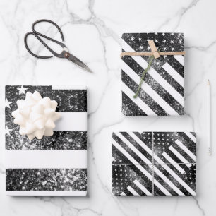 USA flag black and white sparkles glitters pattern Wrapping Paper Sheet