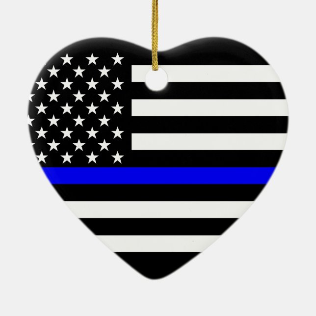 USA Flag Black and White Thin Blue Line Ceramic Tree Decoration (Back)