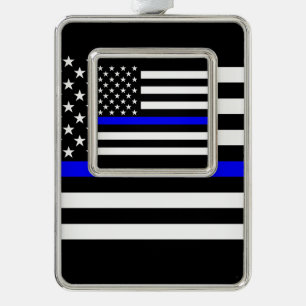 USA Flag Black and White Thin Blue Line Silver Plated Framed Ornament