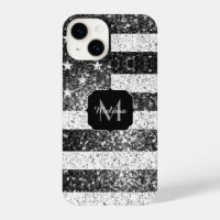 USA flag black white silver sparkles Monogram