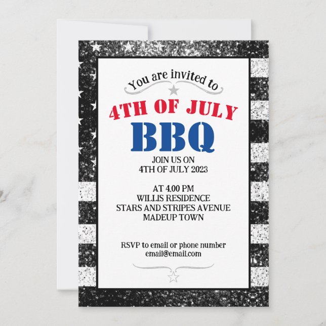 USA flag Black White sparkles 4th July BBQ party Invitation (Front)