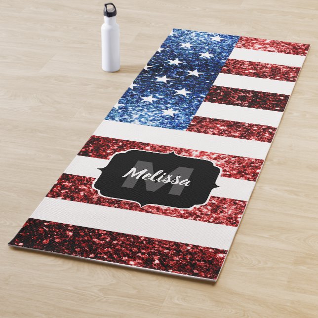 USA flag blue sparkles glitter Monogram Yoga Mat (In Situ)