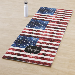 USA flag blue sparkles glitter pattern Monogram Yoga Mat