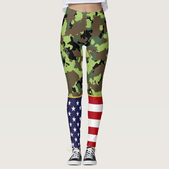 USA Flag Bright Military Green Camo Leggings (Front)