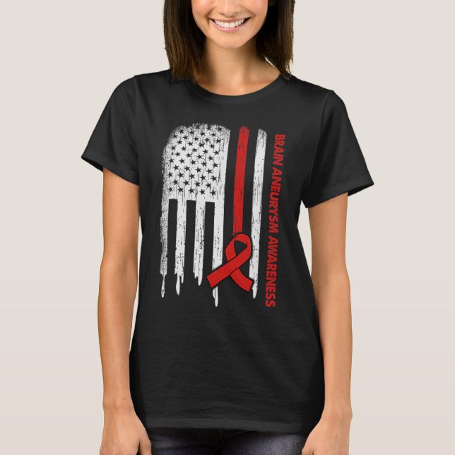 Usa Flag Burgundy Ribbon Brain Aneurysm Awareness  T-Shirt (Front)