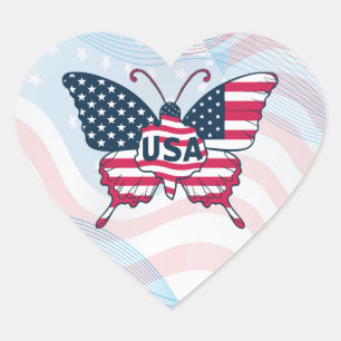 USA Flag Butterfly Patriotic American Pride Design Heart Sticker