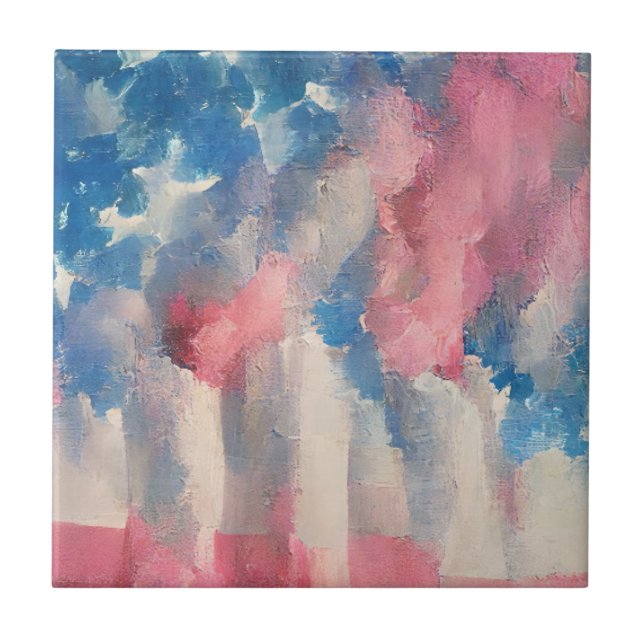 USA flag clouds July 4th Memorial Day abstract art Ceramic Tile (Front)