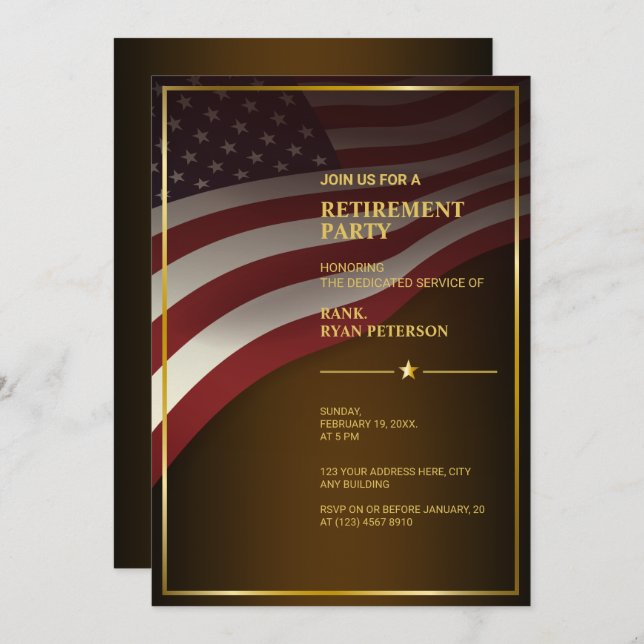 USA Flag | Corner | Gold Frame | Luxury Brown Invitation (Front/Back)