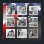 USA Flag Create Your Custom Photo Collage Square Wall Clock<br><div class="desc">Create your own personalised 9 photo with white frame on Instagram photo collage wall clock with your custom images on a modern USA flag background. Add your favourite photos, designs or artworks to create something really unique. To edit this design template, simply upload your own image as shown above. Treat...</div>