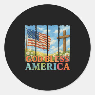 Usa Flag Cross Floral Christian Women God Bless Am Classic Round Sticker