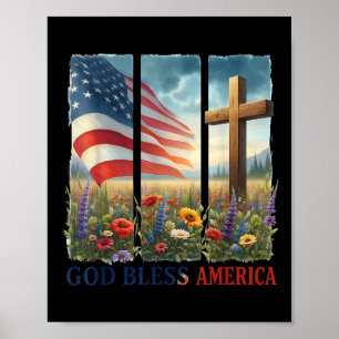 Usa Flag Cross Floral Christian Women God Bless Am Poster