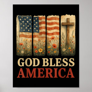 Usa Flag Cross God Bless America Floral Christian Poster