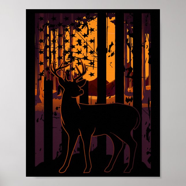 Usa Flag Deer Hunting Setting Sun Funny Bow Hunter Poster (Front)