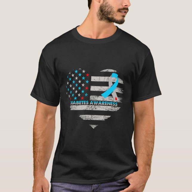 Usa Flag Diabetes Awareness Heart Family Support  T-Shirt (Front)