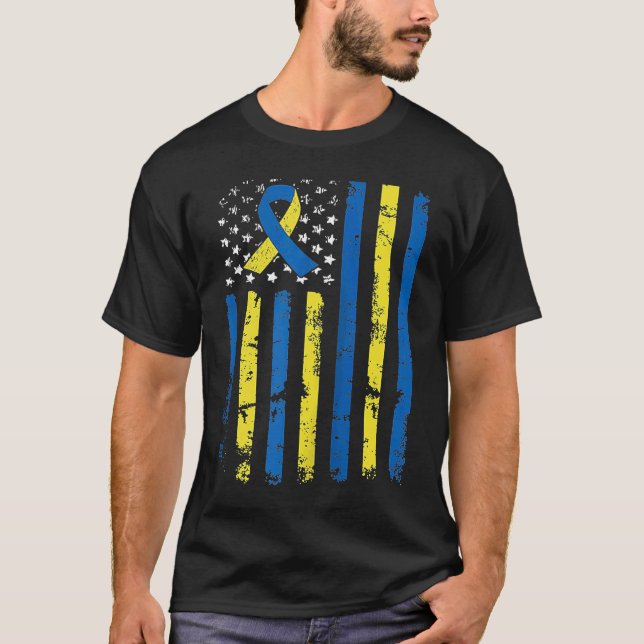 USA Flag Down Syndrome Awareness  Dad Mum Down Syn T-Shirt (Front)