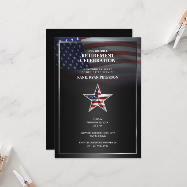USA Flag | Embossed Star | Black Invitation (Front/Back In Situ)