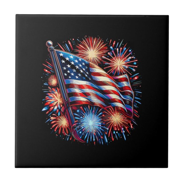 USA Flag Fireworks Patriotic Ceramic Tile (Front)