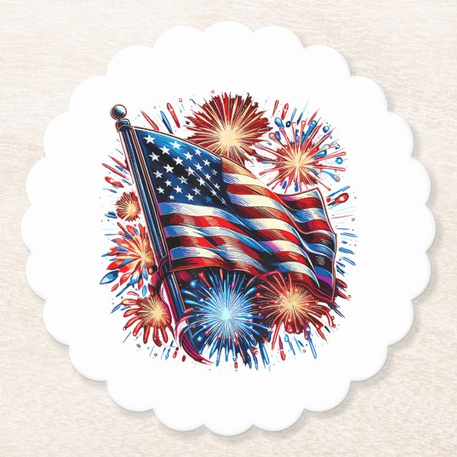 USA Flag Fireworks Patriotic Paper Coaster (Front)