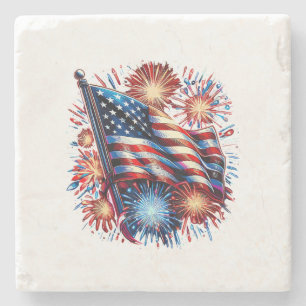 USA Flag Fireworks Patriotic Stone Coaster