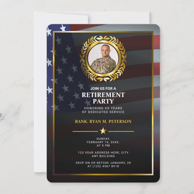 USA Flag | Gold Laurel Leaf | Luxury Retirement Invitation (Front)