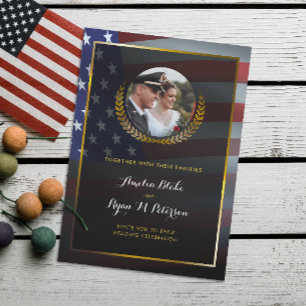 USA Flag Gold Laurel Leaves Luxury Wedding Invitation