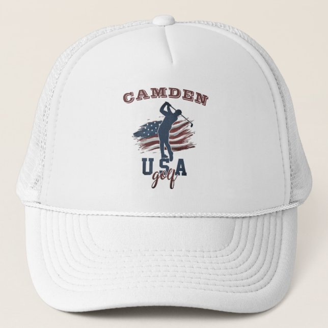 USA Flag Golf Swing Name Trucker Hat (Front)