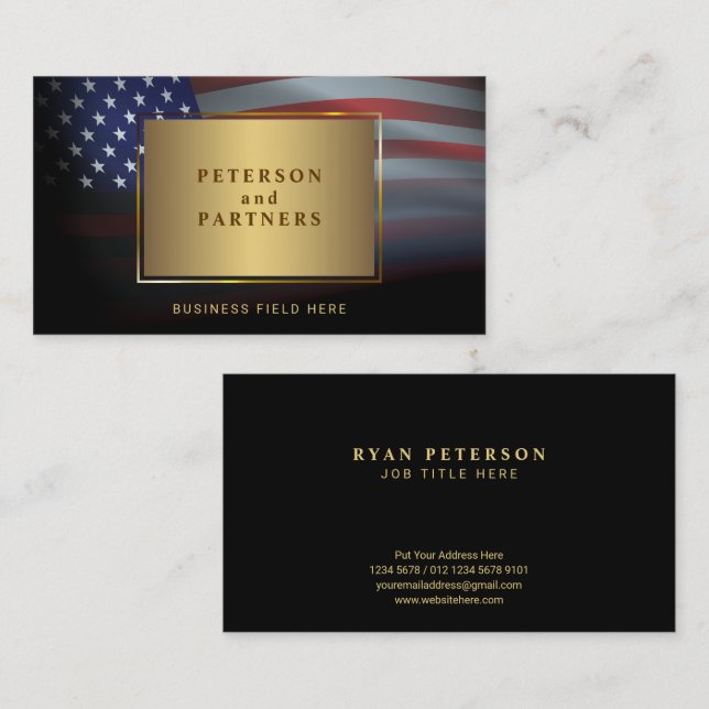 USA Flag | Gradation Gold Frame  | Black Business Card (Front/Back)