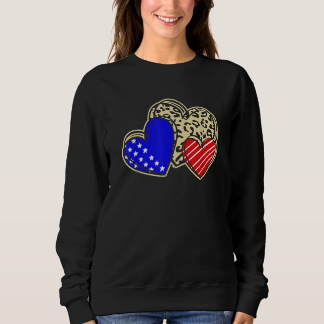 USA Flag Heart 4th Of July Leopard Patriotic Red W Sweatshirt (Front)