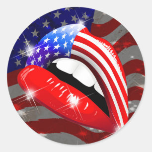 USA Flag Lipstick on Sensual Lips Classic Round Sticker