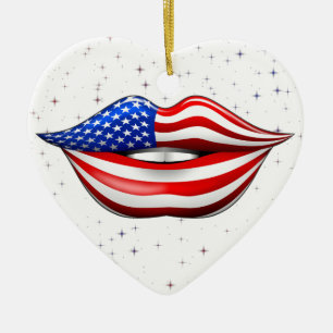 USA Flag Lipstick on Smiling Lips Ornament
