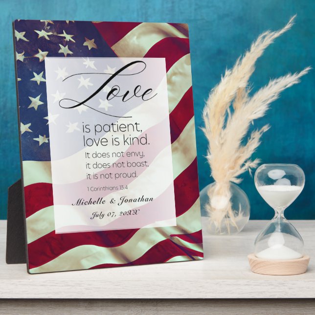 USA Flag Love is Patient Bible Patriotic Wedding Plaque (Side)