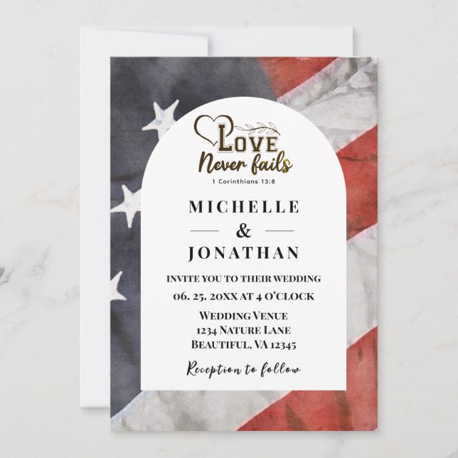 USA Flag Love Never Fails Bible Patriotic Wedding Invitation (Front)