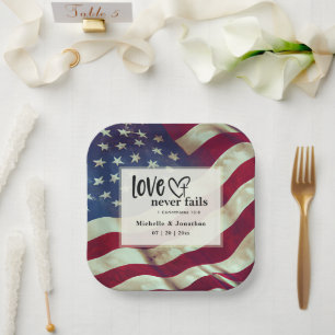 USA Flag Love Never Fails Wedding Bible Verse  Paper Plate