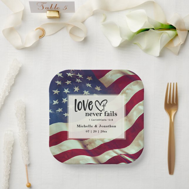 USA Flag Love Never Fails Wedding Bible Verse  Paper Plate (Wedding)
