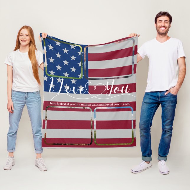 USA flag Love Photo collage Anniversary Valentine Fleece Blanket (In Situ)