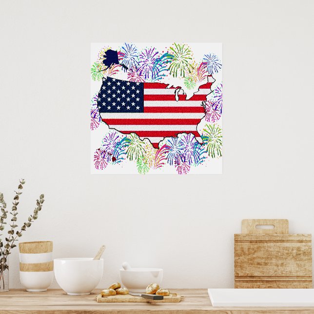 USA Flag Map and Fireworks with Texture Poster (Kitchen)