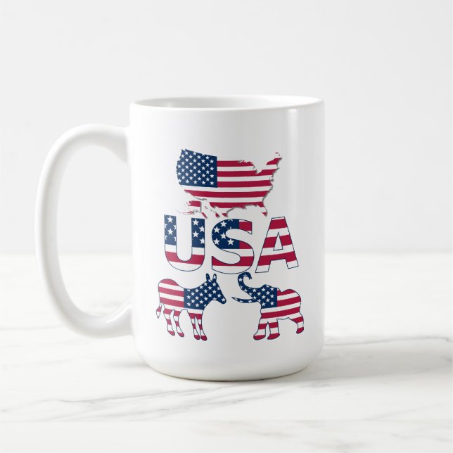 USA Flag Map Donkey Elephant Political Elections Coffee Mug (Left)