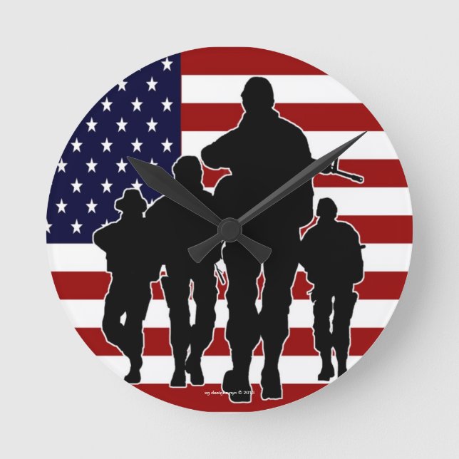 USA Flag Marching Soldiers Silhouette Wall Clock (Front)