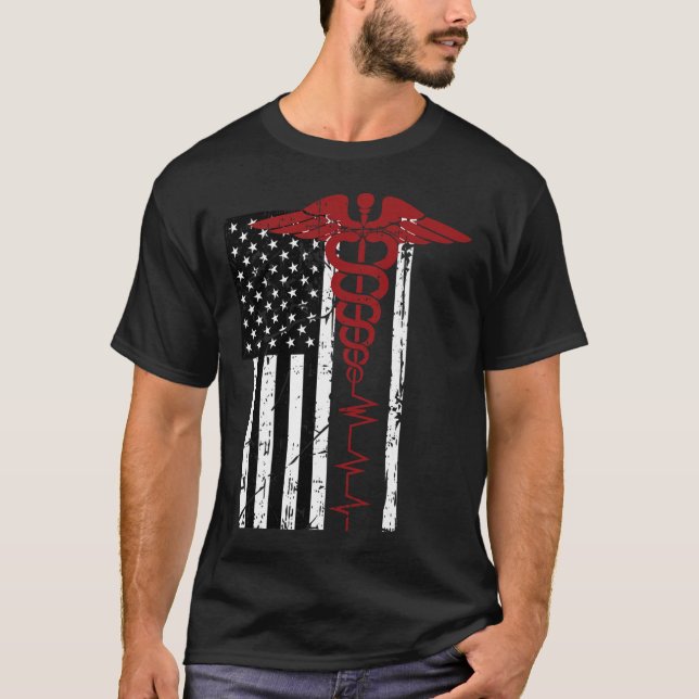 Usa Flag Medical Symbol Black Patriotic Caduceus N T-Shirt (Front)