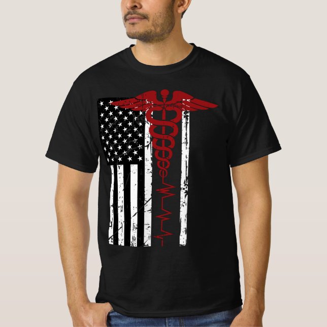 USA Flag Medical Symbol Black Patriotic Caduceus N T-Shirt (Front)